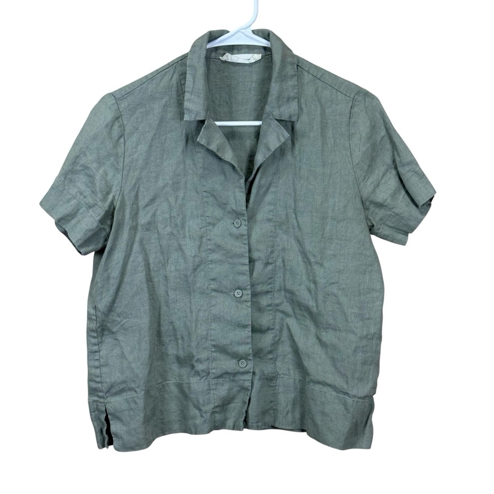Everlane Women XS Green Linen Short Sleeve Notch Lapel Button Front Pocket Shirt